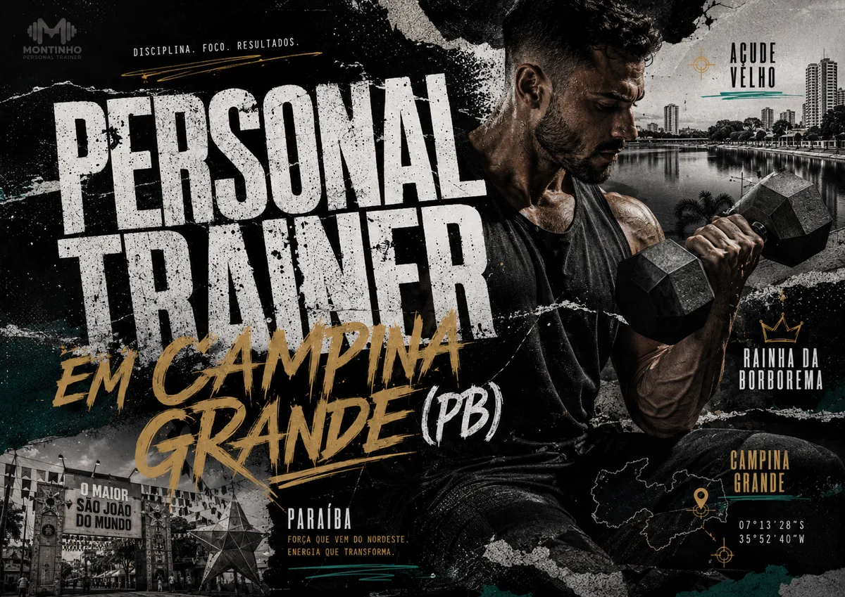 Personal trainer em Campina Grande (PB) em arte com cartões-postais da Rainha da Borborema — o Açude Velho com o skyline, o portal do Maior São João do Mundo e a estrela do Parque do Povo — Personal por Perto