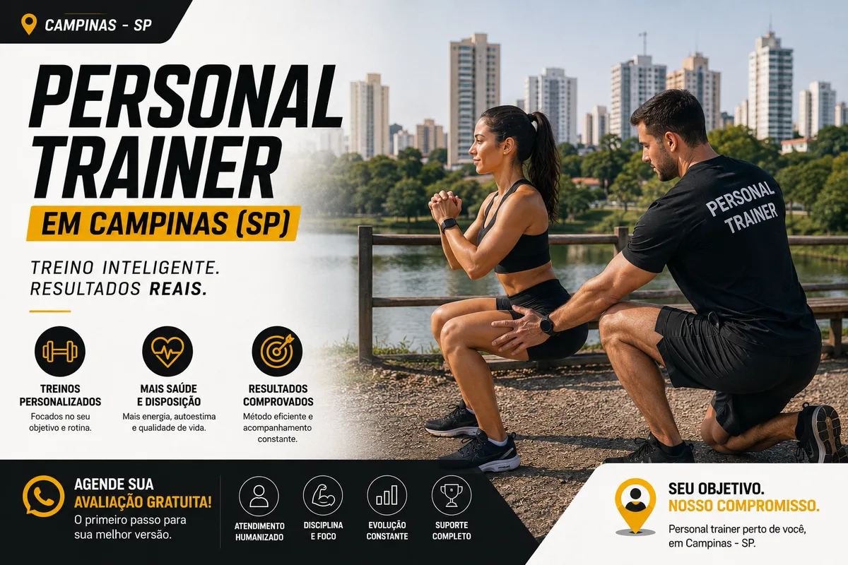 Personal trainer em Campinas (SP) orientando aluna em agachamento ao ar livre, à beira de um lago de parque urbano com o skyline de arranha-céus da cidade ao fundo — Personal por Perto
