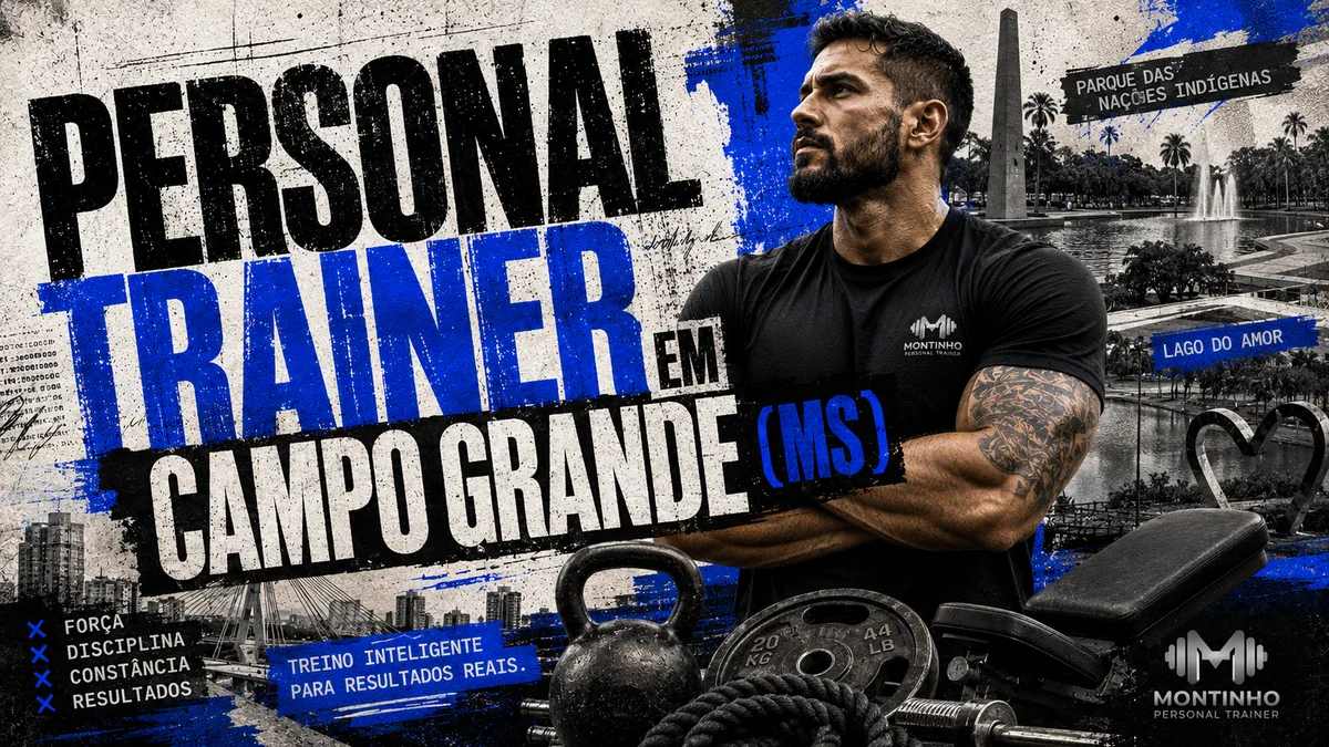 Personal trainer em Campo Grande (MS) em arte que une treino de força e cartões-postais reais da cidade — o Parque das Nações Indígenas e o Lago do Amor ao fundo — Personal por Perto