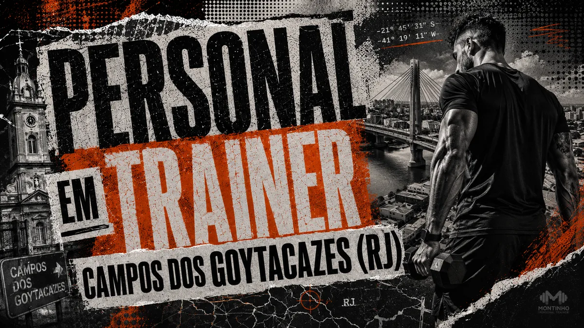 Personal trainer em Campos dos Goytacazes (RJ) em arte que une treino de força e cartões-postais da cidade — a igreja histórica com torre do relógio e a ponte estaiada sobre o rio Paraíba do Sul — Personal por Perto