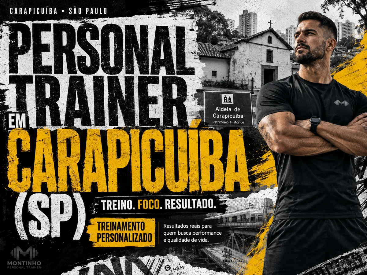 Arte de capa de personal trainer em Carapicuíba: personal trainer diante da capela da Aldeia de Carapicuíba, patrimônio histórico do município, com a placa da aldeia, o trem da linha da CPTM e os prédios da cidade ao fundo