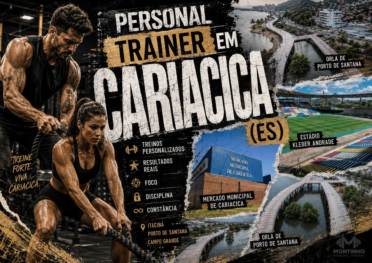 Personal trainer em Cariacica (ES) em arte que reúne treino de corda naval, o Estádio Kleber Andrade, o Mercado Municipal e a orla de Porto de Santana — Personal por Perto