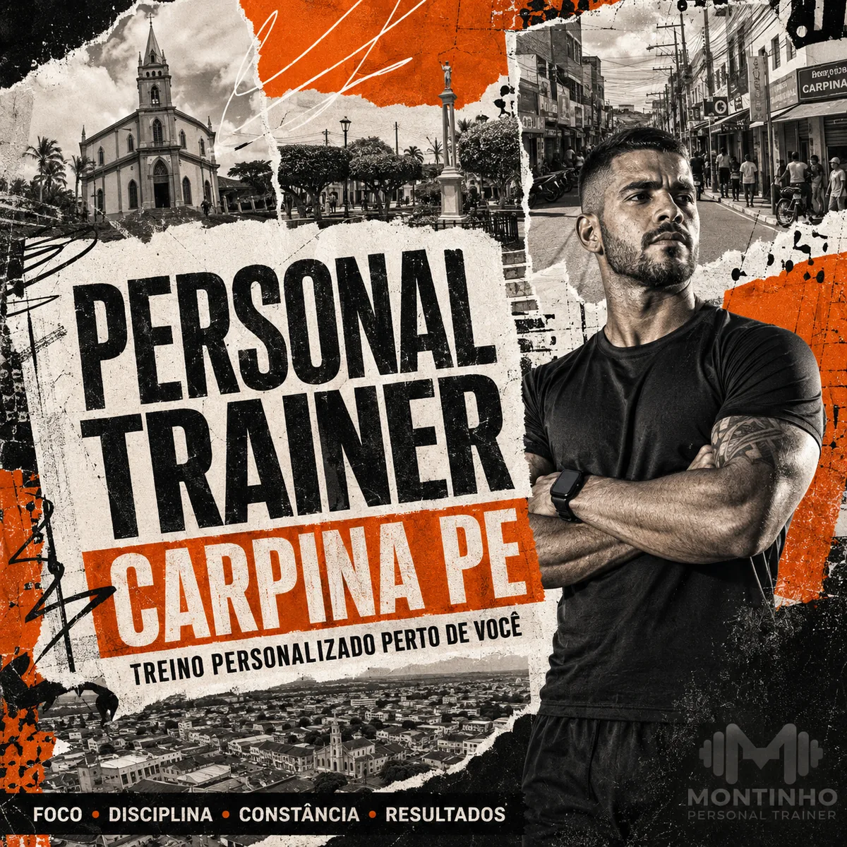 Personal trainer em Carpina (PE) em arte com a igreja e o coreto da praça central e as ruas de comércio do centro, com o treino em primeiro plano — Personal por Perto