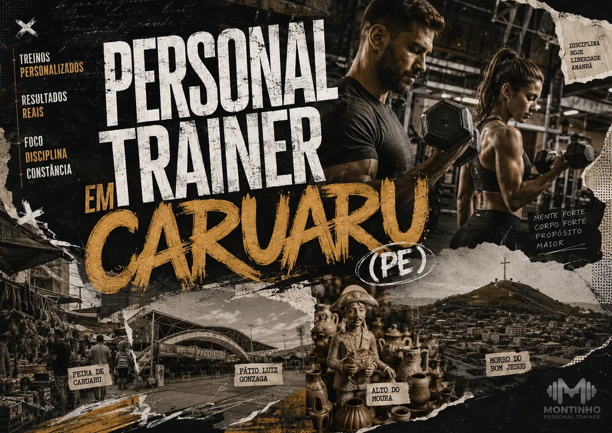 Arte de capa de personal trainer em Caruaru: atletas treinando com halteres em colagem com a Feira de Caruaru, o Pátio de Eventos Luiz Gonzaga, as esculturas de barro do Alto do Moura e o Morro do Bom Jesus