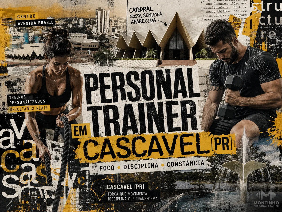 Personal trainer em Cascavel (PR) em arte que reúne treino com halteres, a Catedral Nossa Senhora Aparecida, o Centro pela Avenida Brasil e a fonte do Lago Municipal — Personal por Perto