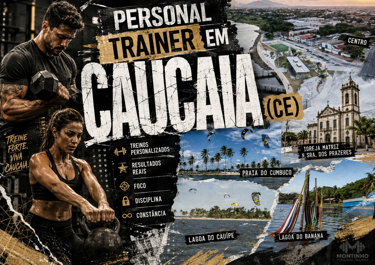 Personal trainer em Caucaia (CE) em arte que reúne treino com kettlebell e halteres, os kites da Praia do Cumbuco, a Lagoa do Cauípe, a Lagoa do Banana e a Igreja Matriz Nossa Senhora dos Prazeres — Personal por Perto