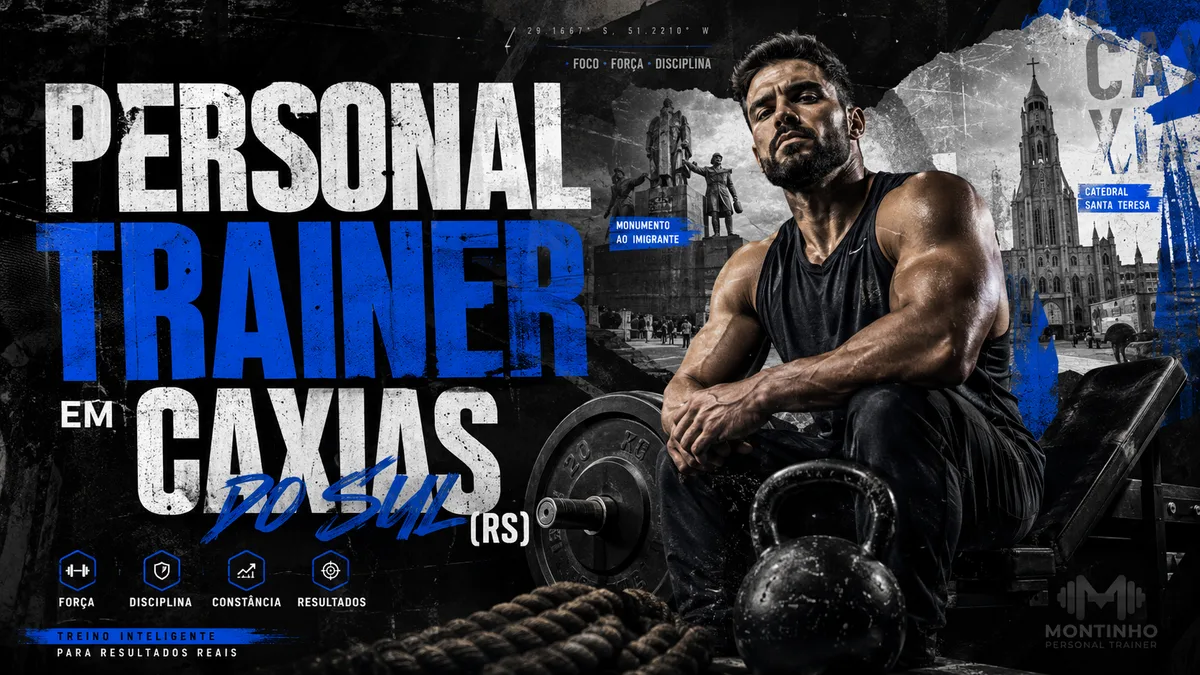 Personal trainer em Caxias do Sul (RS) em arte que une treino de força e cartões-postais reais da cidade — o Monumento Nacional ao Imigrante e a Catedral de Santa Teresa ao fundo — Personal por Perto