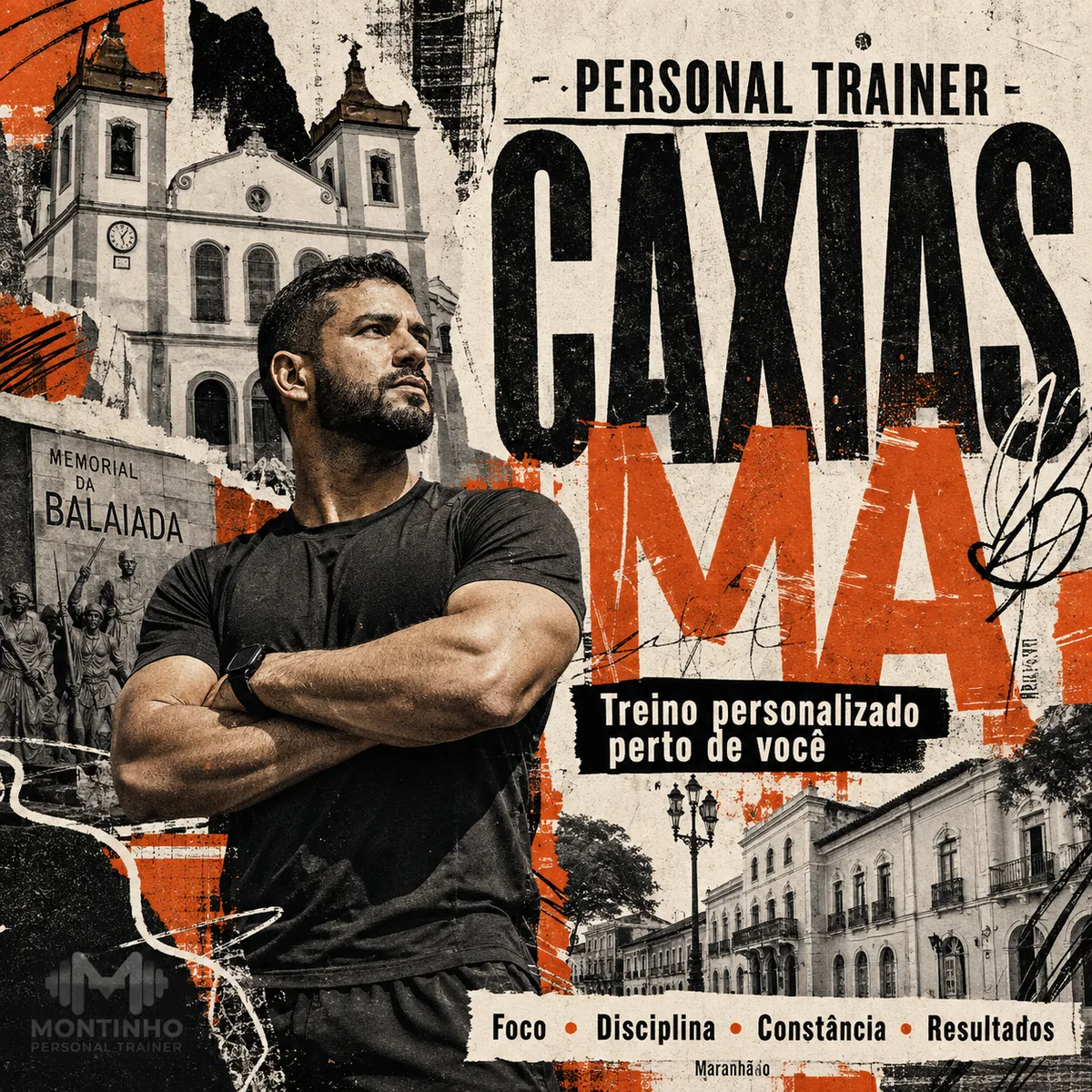 Personal trainer em Caxias (MA) em arte com o Memorial da Balaiada, a igreja e o casario histórico do centro, com o treino em primeiro plano — Personal por Perto