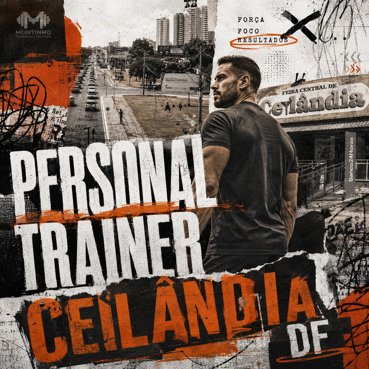 Personal trainer em Ceilândia (DF) em arte com a Feira Central de Ceilândia e as avenidas largas da região, com o treino em primeiro plano — Personal por Perto