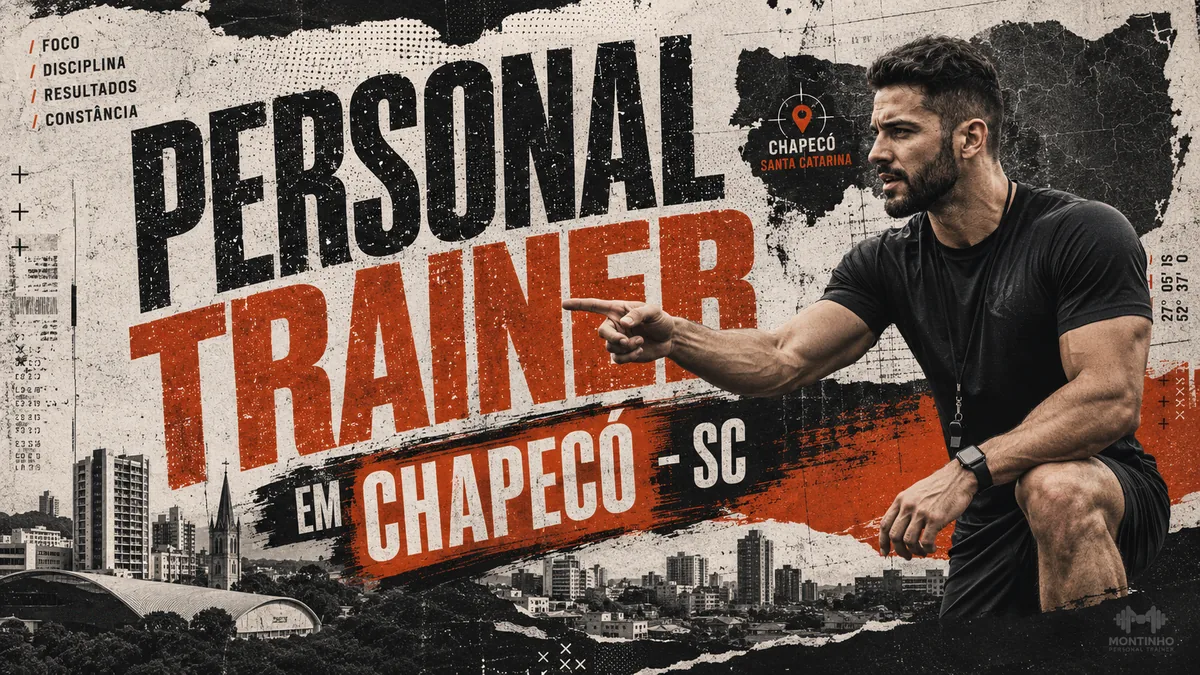 Personal trainer em Chapecó (SC) em arte que reúne o skyline do centro, a catedral e um pavilhão de teto curvo, com o treino em primeiro plano — Personal por Perto