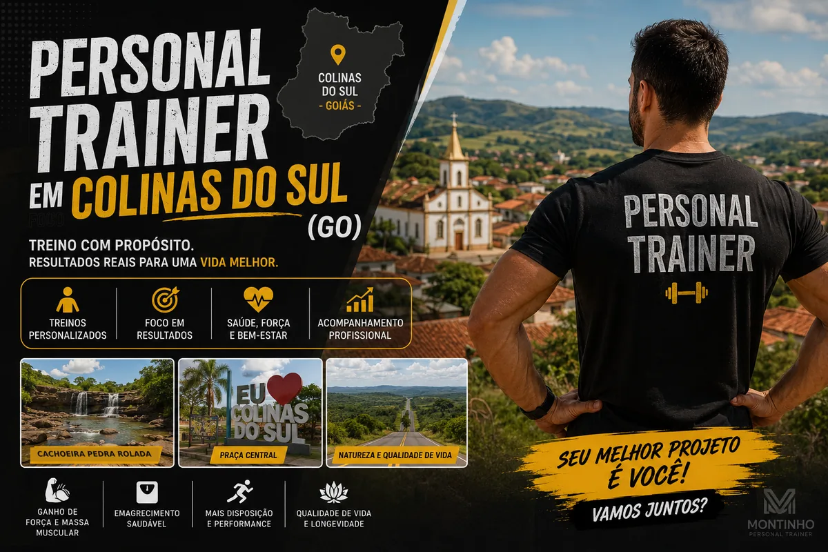 Personal trainer em Colinas do Sul (GO) em arte que reúne a Cachoeira Pedra Rolada, a praça central e a igreja da cidade — Personal por Perto