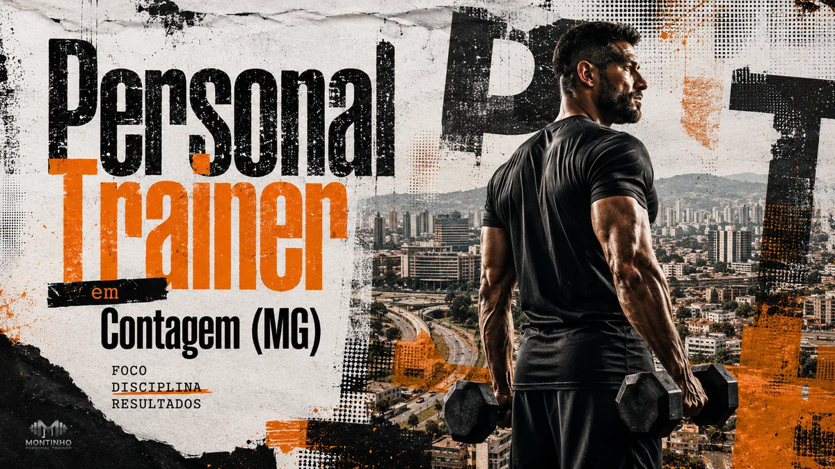 Personal trainer em Contagem (MG) em arte que une treino de força e a paisagem real da cidade — vista aérea com as vias expressas, o casario e o horizonte de prédios da Grande BH ao fundo — Personal por Perto