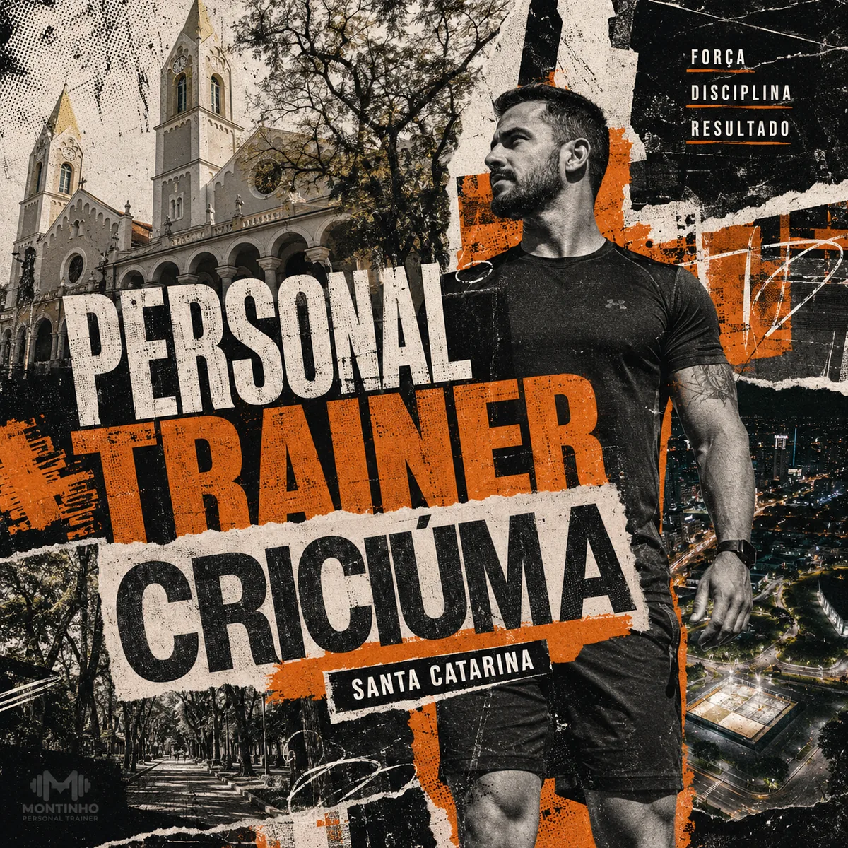 Personal trainer em Criciúma (SC) em arte com a catedral e o centro da cidade, com o treino em primeiro plano — Personal por Perto