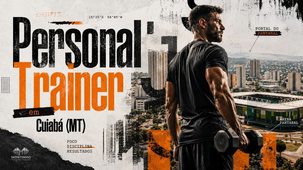 Personal trainer em Cuiabá (MT) em arte que une treino de força e cartões-postais reais da capital — a Arena Pantanal em destaque, o skyline de prédios e a vegetação do Portal do Pantanal — Personal por Perto