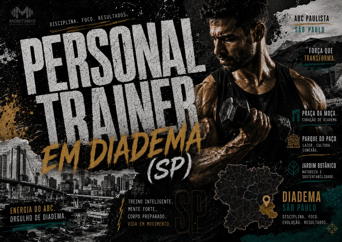 Personal trainer em Diadema (SP) em arte com referências reais da cidade — o skyline do ABC, a Praça da Moça, o Parque do Paço e o Jardim Botânico municipal — Personal por Perto