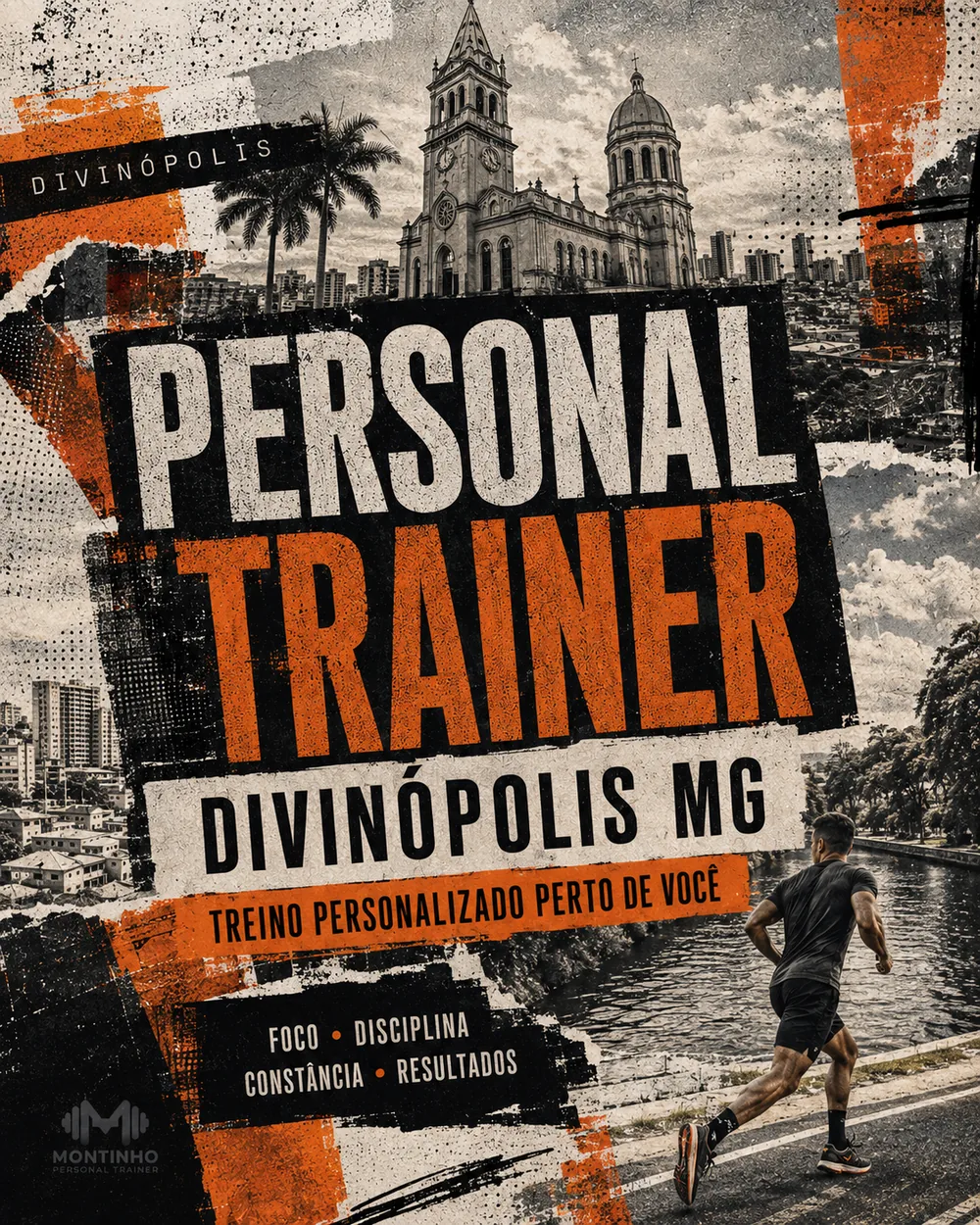 Personal trainer em Divinópolis (MG) em arte com a catedral, as palmeiras da praça central e o skyline da cidade, com o treino em primeiro plano — Personal por Perto