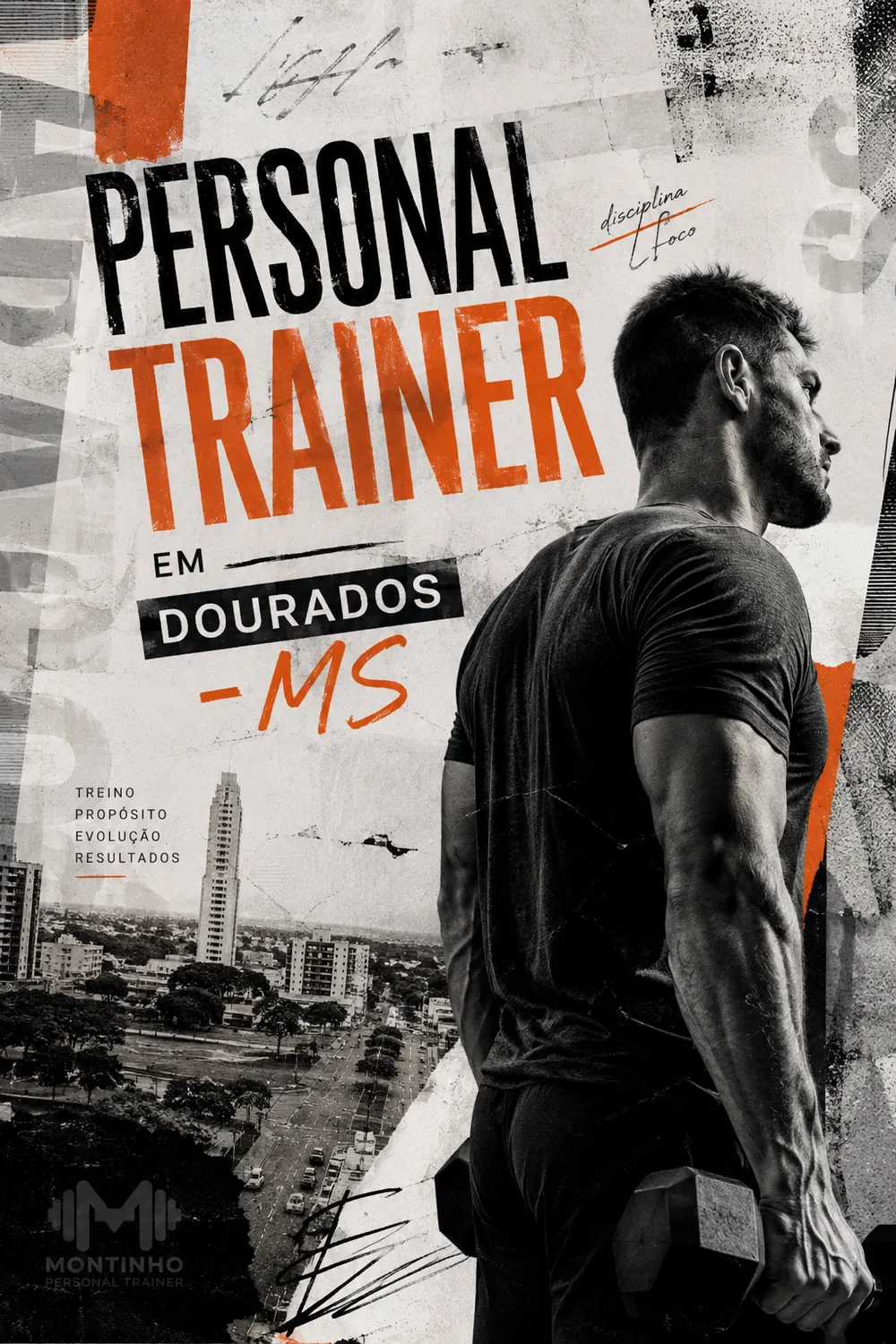 Personal trainer em Dourados (MS) em pôster vertical com o skyline da cidade ao pé da arte e o treino com halteres em primeiro plano — Personal por Perto