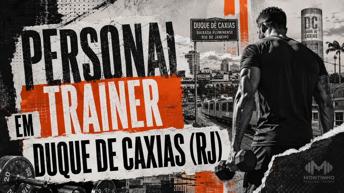 Personal trainer em Duque de Caxias (RJ) em arte com referências reais da cidade — a placa da Baixada Fluminense, o trem de subúrbio e o skyline caxiense — Personal por Perto