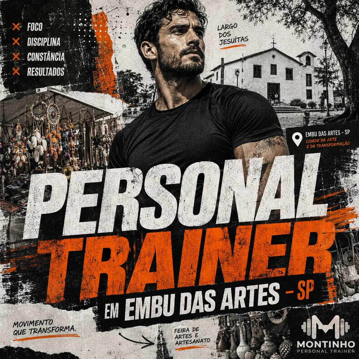 Personal trainer em Embu das Artes (SP) em arte quadrada com a igreja do Largo dos Jesuítas, as bancas da feira de artes e artesanato e o treino em primeiro plano — Personal por Perto