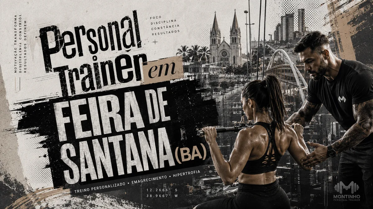 Personal trainer em Feira de Santana (BA) em arte que une treino em dupla e referências reais da cidade — a catedral de torres gêmeas em meio às palmeiras e os prédios e vias do centro — Personal por Perto