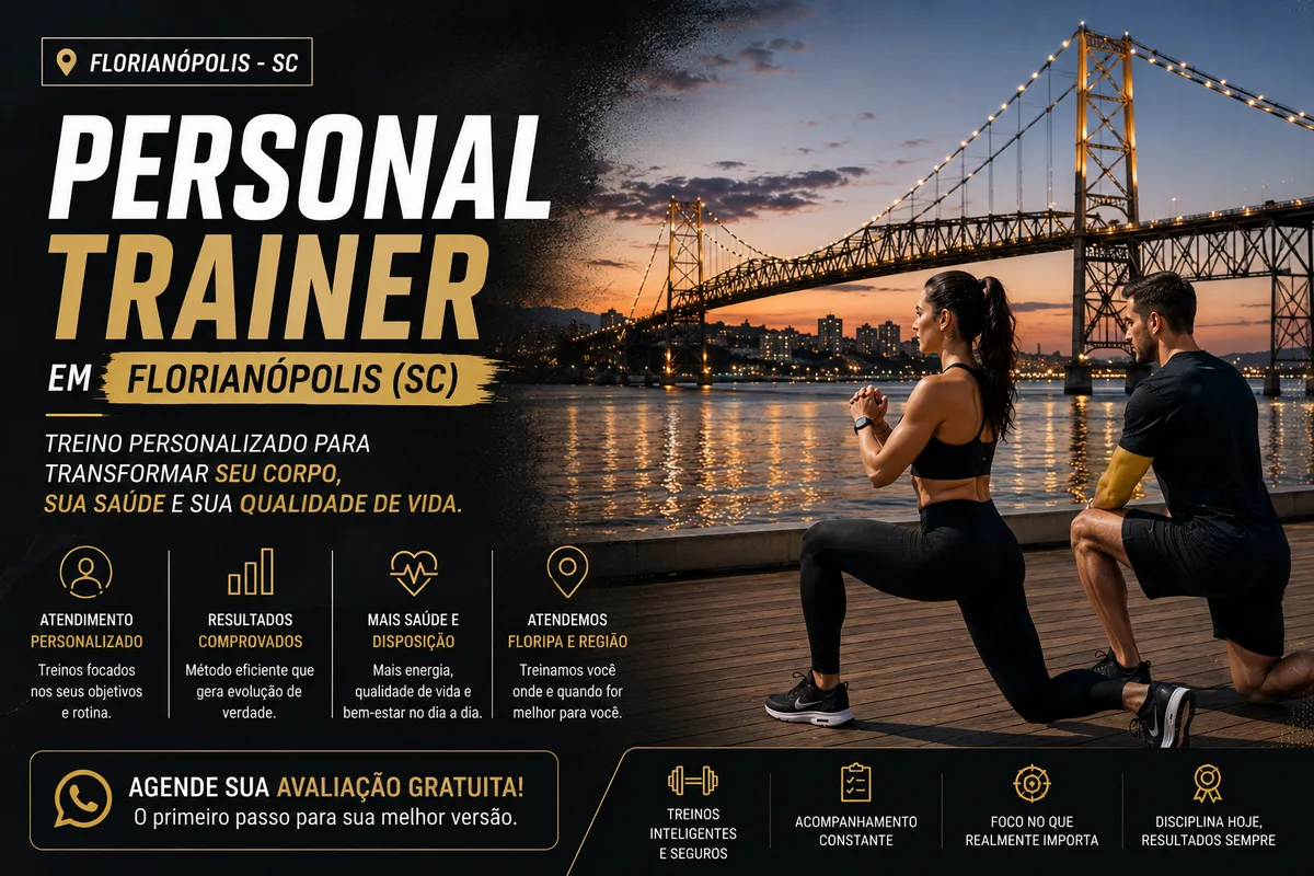 Personal trainer em Florianópolis (SC) orientando aluna em treino de força ao ar livre, com a Ponte Hercílio Luz iluminada ao pôr do sol ao fundo — Personal por Perto