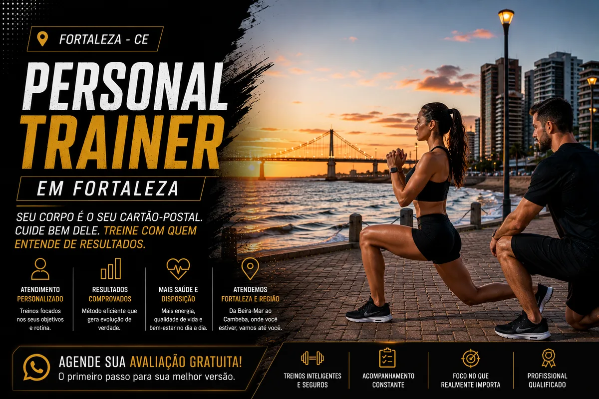 Personal trainer em Fortaleza (CE) acompanhando aluna em treino de força ao ar livre na orla da Beira-Mar ao pôr do sol, com os arranha-céus à beira-mar ao fundo — Personal por Perto