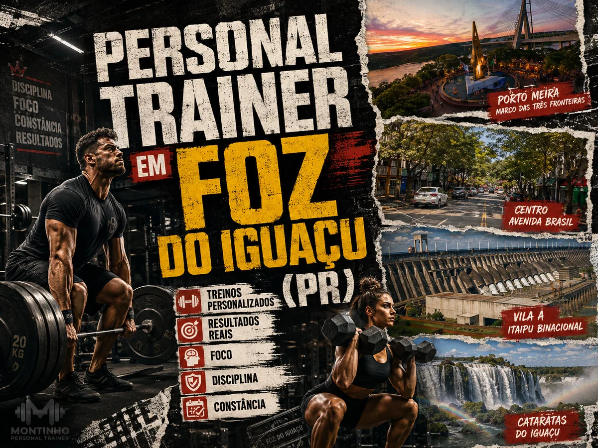 Personal trainer em Foz do Iguaçu (PR) em arte que reúne treino de força, o Marco das Três Fronteiras em Porto Meira, a Avenida Brasil no Centro, a usina de Itaipu e as Cataratas do Iguaçu — Personal por Perto