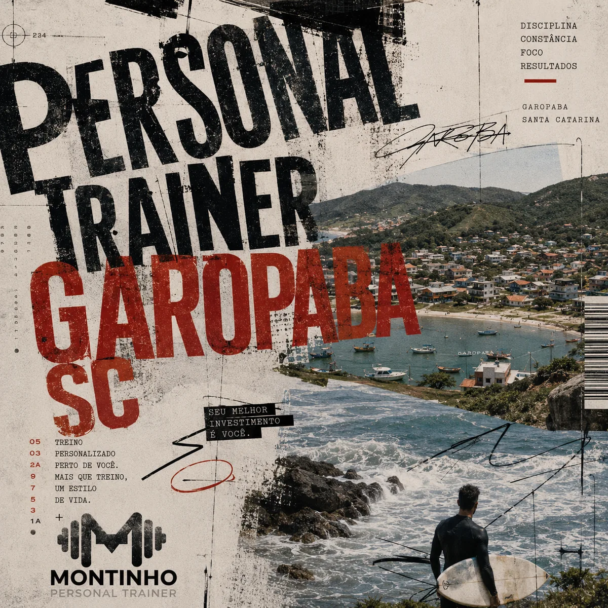 Personal trainer em Garopaba (SC) em arte com a enseada, os barcos de pesca e um surfista na praia, com o treino em primeiro plano — Personal por Perto