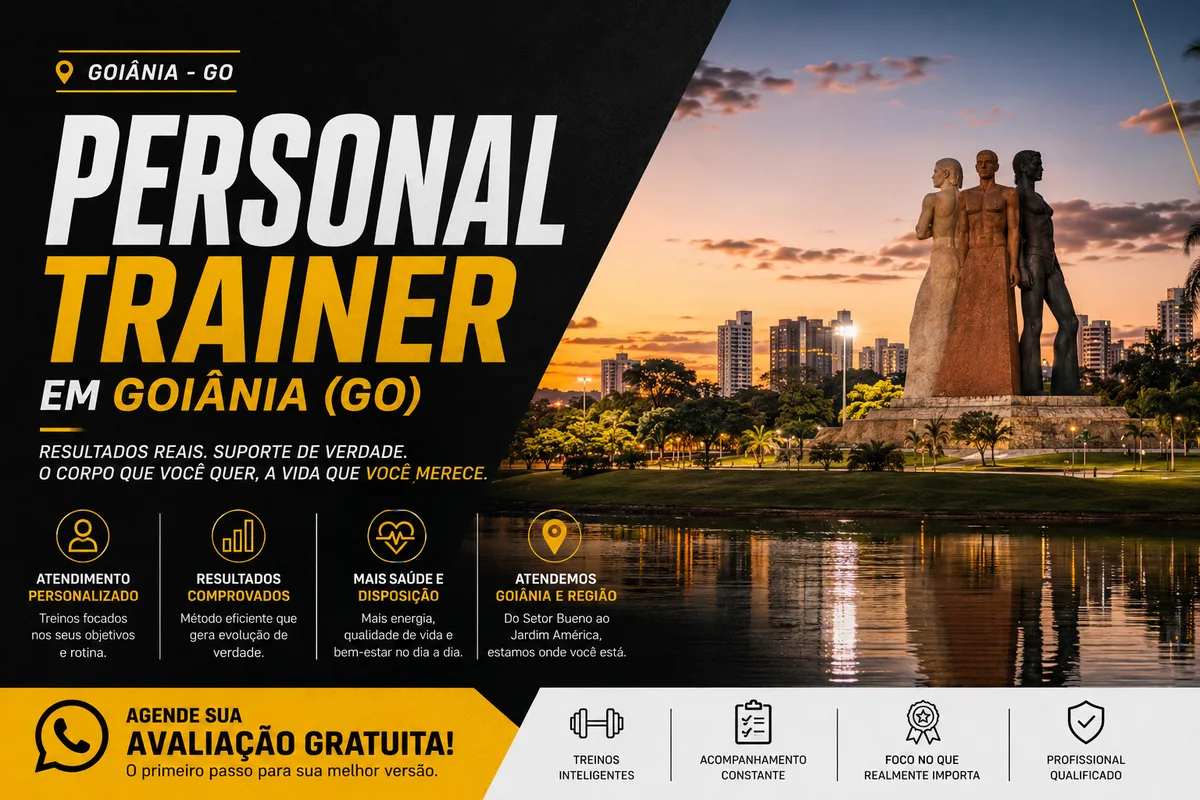 Personal trainer em Goiânia (GO) orientando aluna em treino de força ao ar livre, com o Monumento às Três Raças e os arranha-céus da capital goiana ao fundo — Personal por Perto