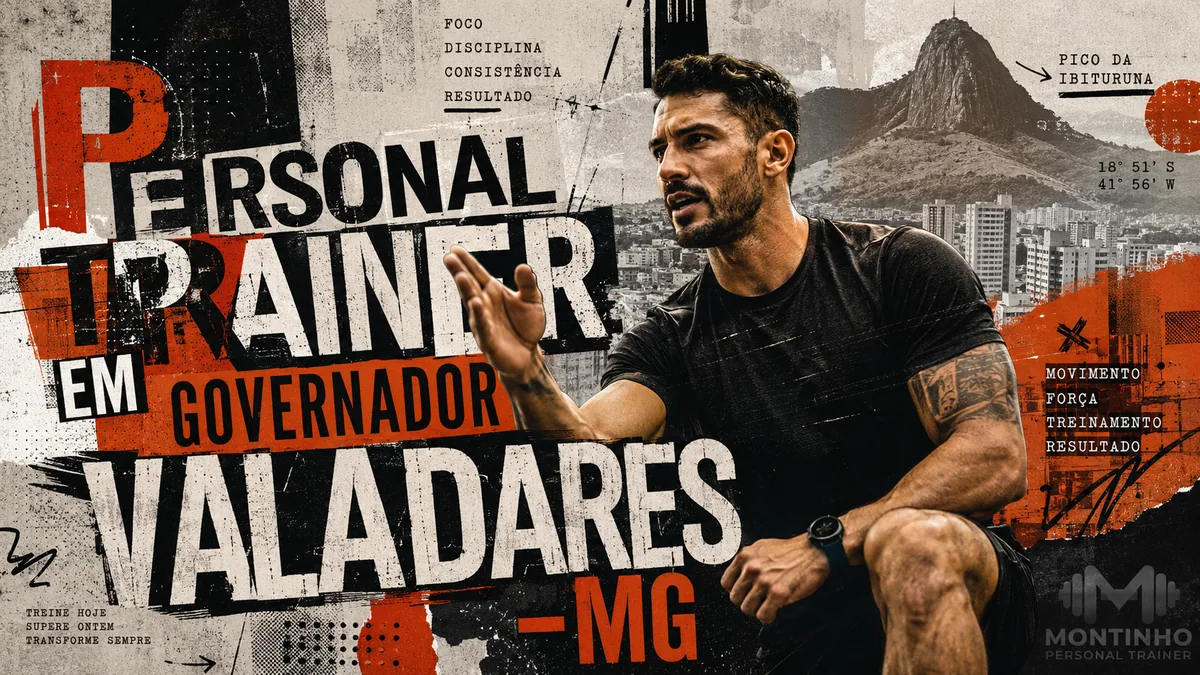 Personal trainer em Governador Valadares (MG) em arte com o Pico da Ibituruna ao fundo, o skyline da cidade e o treino em primeiro plano — Personal por Perto