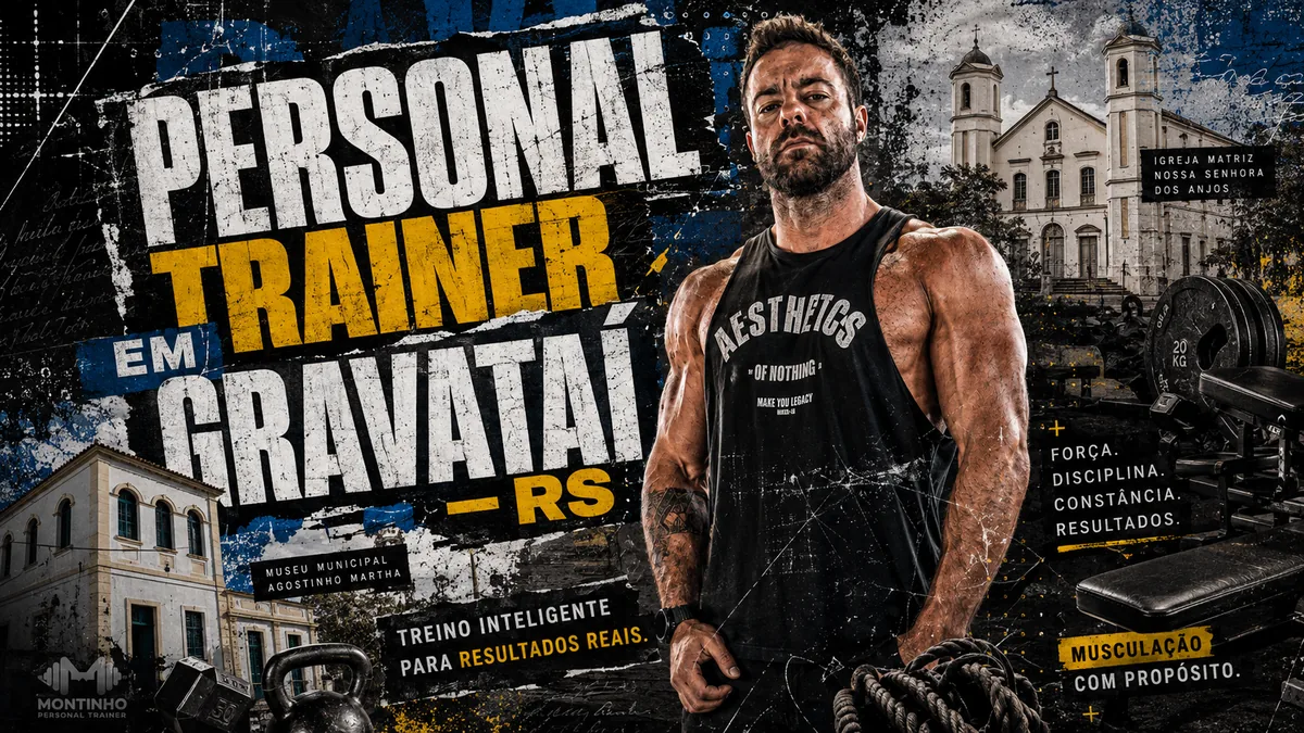 Personal trainer em Gravataí (RS) em arte que reúne a Igreja Matriz Nossa Senhora dos Anjos, o casario do centro histórico e o treino de força com halteres e corda naval — Personal por Perto