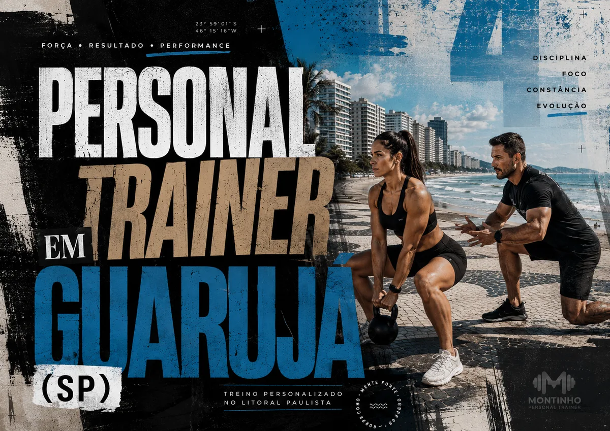 Personal trainer no Guarujá (SP) em arte que une treino em dupla no calçadão de pedras portuguesas e a orla real da cidade, com a curva de prédios à beira-mar e os coqueiros do litoral paulista — Personal por Perto