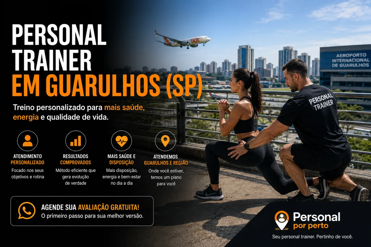 Personal trainer em Guarulhos (SP) orientando aluna em treino ao ar livre, com o Aeroporto Internacional de Guarulhos e um avião pousando ao fundo — Personal por Perto
