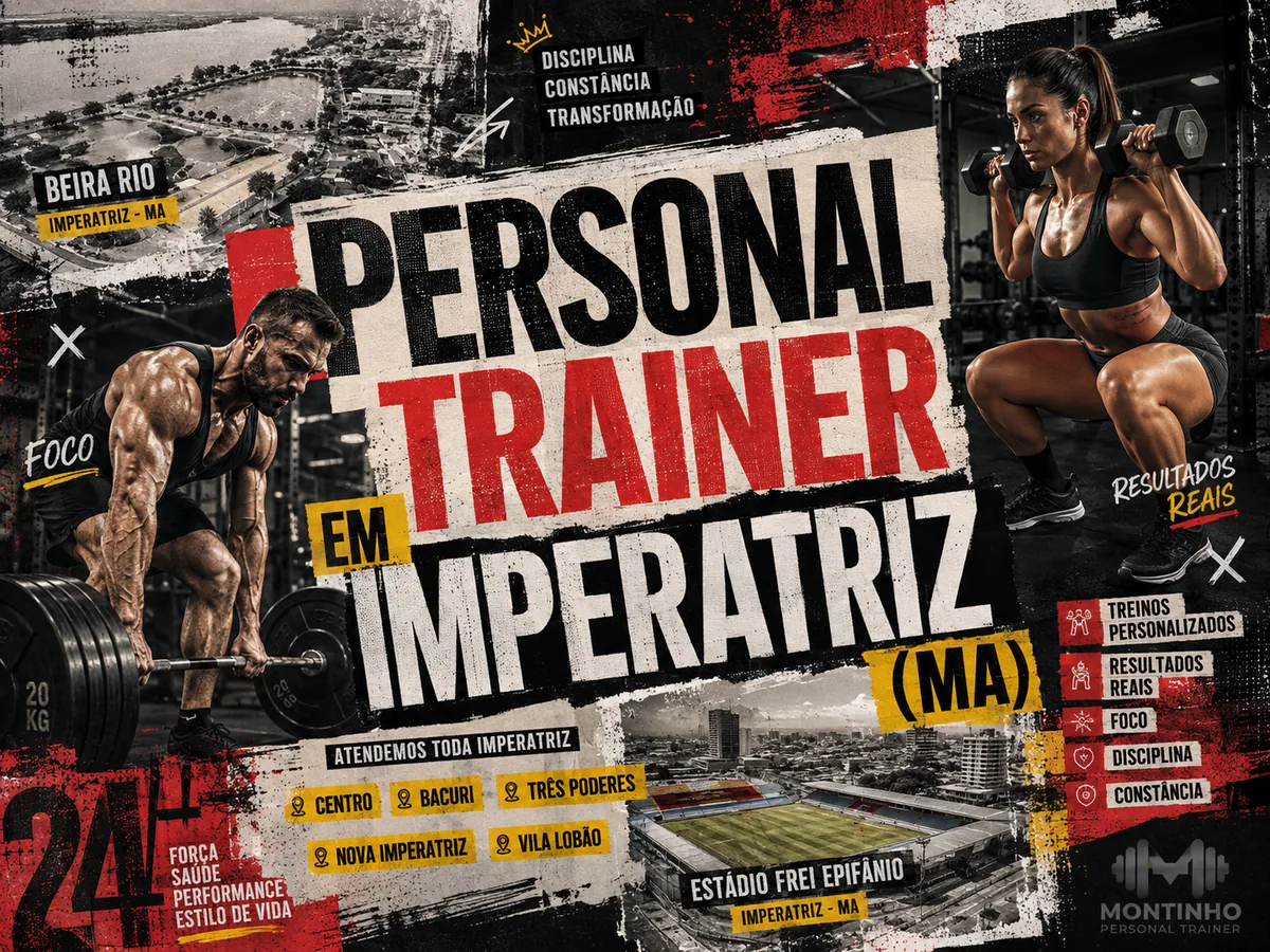 Personal trainer em Imperatriz (MA) em arte que reúne a orla da Beira-Rio, o Estádio Frei Epifânio e o skyline da cidade — Personal por Perto