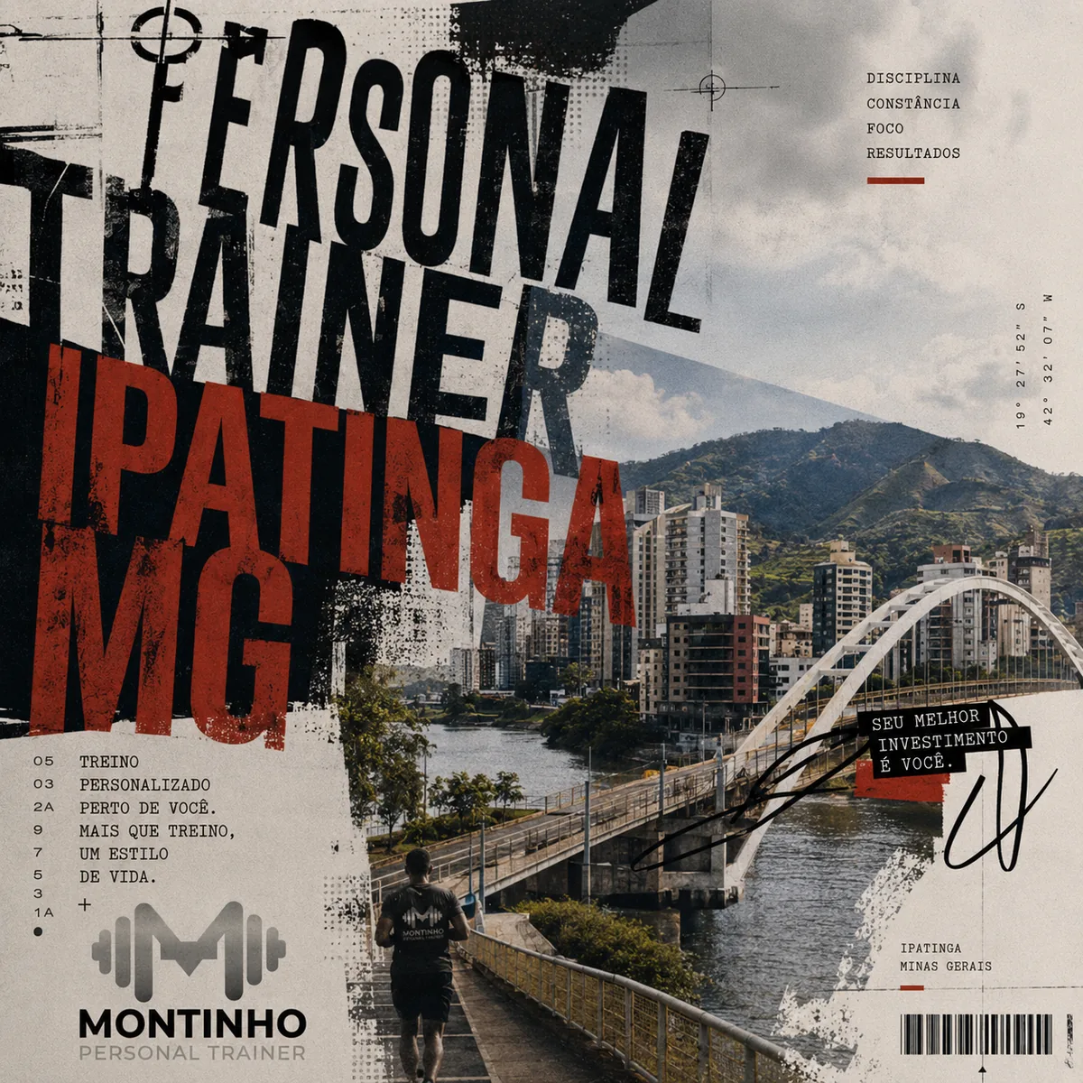 Personal trainer em Ipatinga (MG) em arte com a ponte em arco sobre o rio Doce, o skyline do vale e a serra ao fundo, com o treino em primeiro plano — Personal por Perto