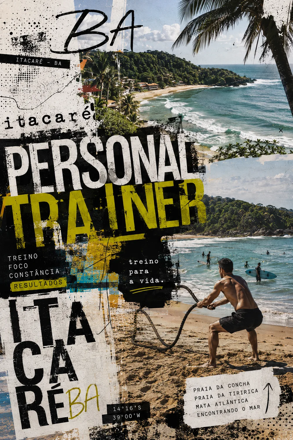 Personal trainer em Itacaré (BA) em arte com a Praia da Concha, a Praia da Tiririca e a mata atlântica encontrando o mar, com o treino funcional na areia em primeiro plano — Personal por Perto