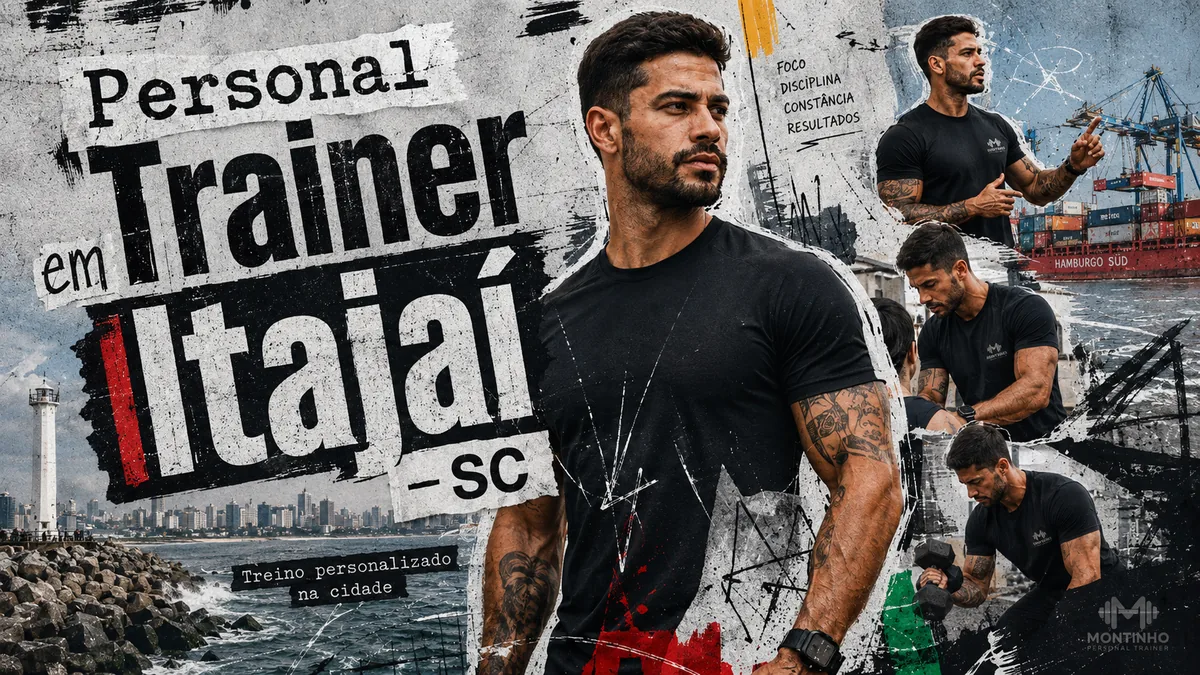 Personal trainer em Itajaí (SC) em arte que reúne o molhe da barra com o farol, a orla verticalizada ao fundo, o porto com navio porta-contêineres e cenas de treino com halteres — Personal por Perto
