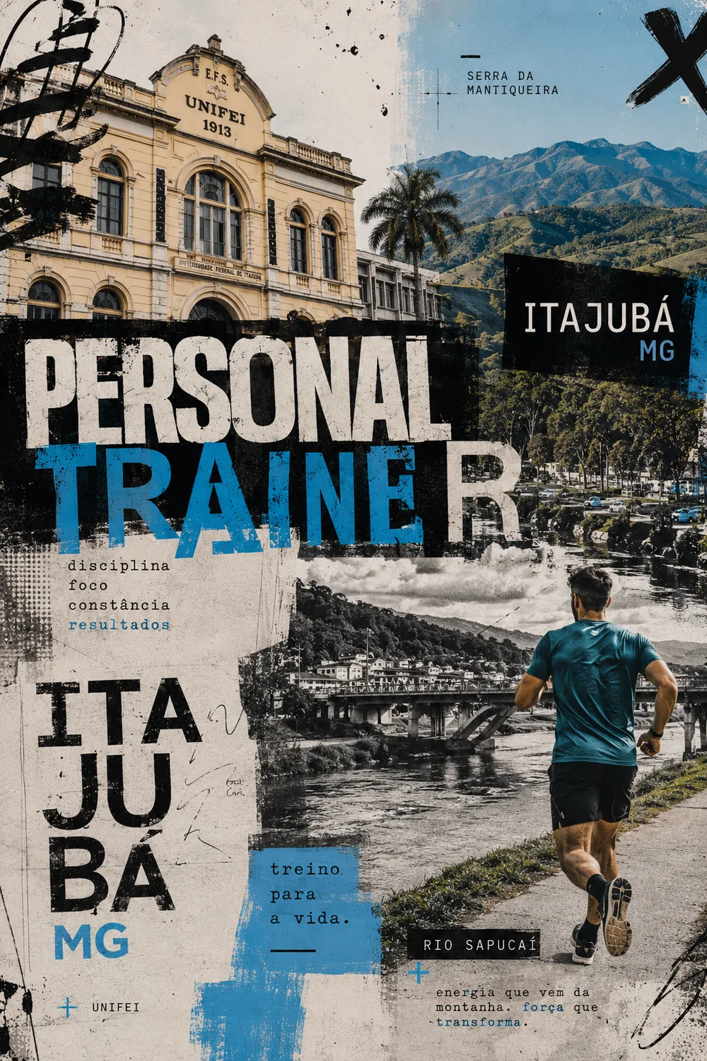 Personal trainer em Itajubá (MG) em arte com o prédio histórico da Unifei de 1913, a Serra da Mantiqueira e o rio Sapucaí, com o treino em primeiro plano — Personal por Perto