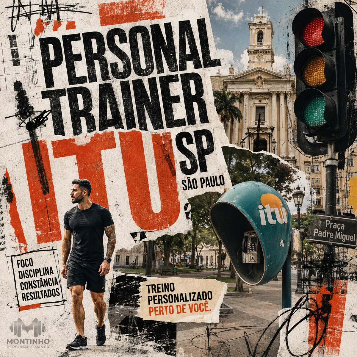 Personal trainer em Itu (SP) em arte com a igreja matriz, o orelhão gigante e a Praça Padre Miguel, com o treino em primeiro plano — Personal por Perto