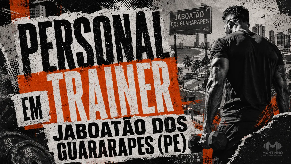 Personal trainer em Jaboatão dos Guararapes (PE) em arte que une treino de força e a orla real do município — a praia com coqueiros e a curva de prédios à beira-mar — Personal por Perto