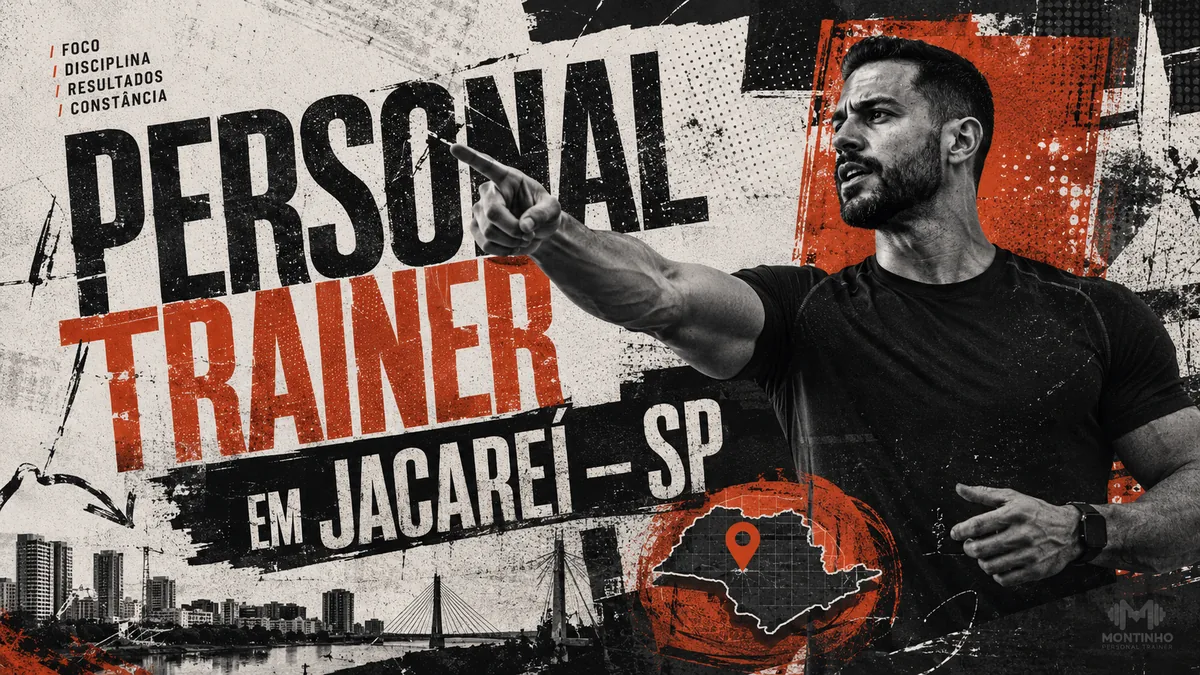 Personal trainer em Jacareí (SP) em arte com o mapa do estado de São Paulo marcando a cidade e o treino em primeiro plano — Personal por Perto