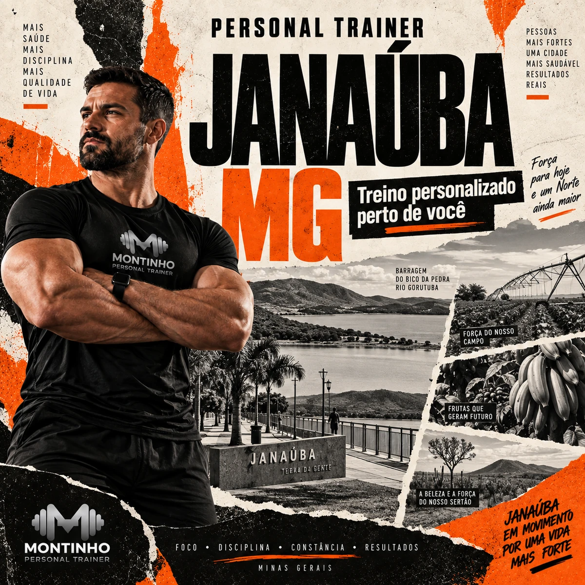 Personal trainer em Janaúba (MG) em arte com a Barragem do Bico da Pedra no rio Gorutuba, a orla da cidade e a fruticultura irrigada do norte de Minas, com o treino em primeiro plano — Personal por Perto