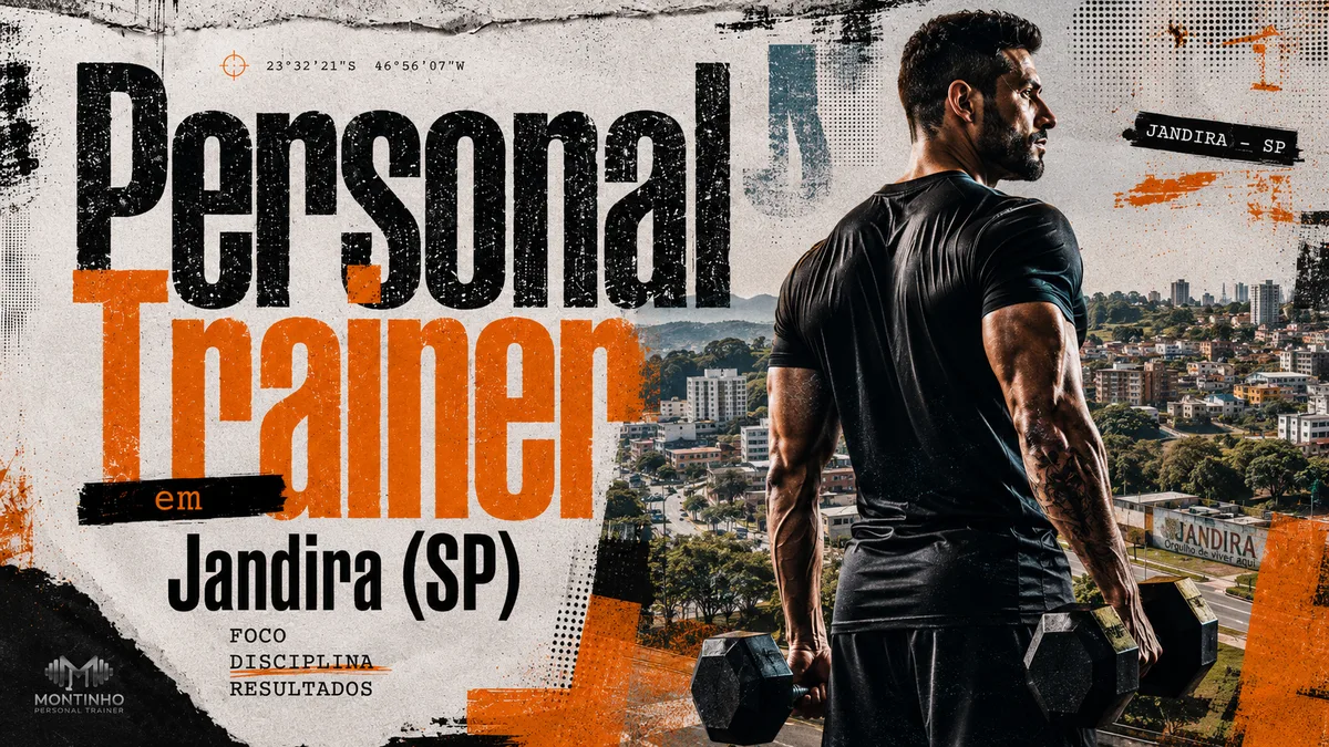 Personal trainer em Jandira (SP) em arte que une treino de força e a vista aérea real da cidade — os bairros residenciais entre as áreas verdes e o letreiro de entrada de Jandira — Personal por Perto