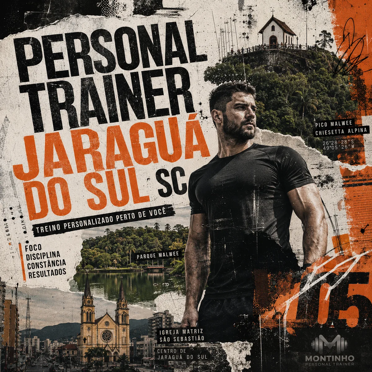 Personal trainer em Jaraguá do Sul (SC) em arte com a Chiesetta Alpina no alto do Pico Malwee, o Parque Malwee, a Igreja Matriz São Sebastião e o centro da cidade, com o treino em primeiro plano — Personal por Perto