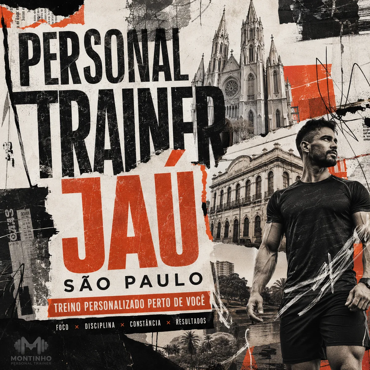Personal trainer em Jaú (SP) em arte com a catedral e os prédios históricos do centro, com o treino em primeiro plano — Personal por Perto