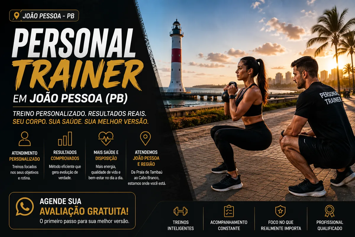 Personal trainer em João Pessoa (PB) acompanhando aluna em treino de força ao ar livre na orla ao pôr do sol, com um farol à beira-mar e coqueiros ao fundo — Personal por Perto