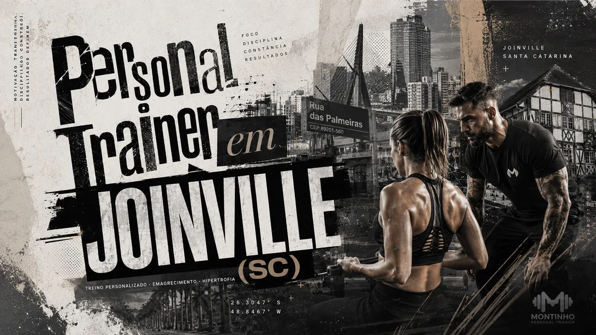 Personal trainer em Joinville (SC) em arte que une treino em dupla e referências reais da cidade — a arquitetura enxaimel da herança germânica, a placa da Rua das Palmeiras e o skyline joinvilense — Personal por Perto