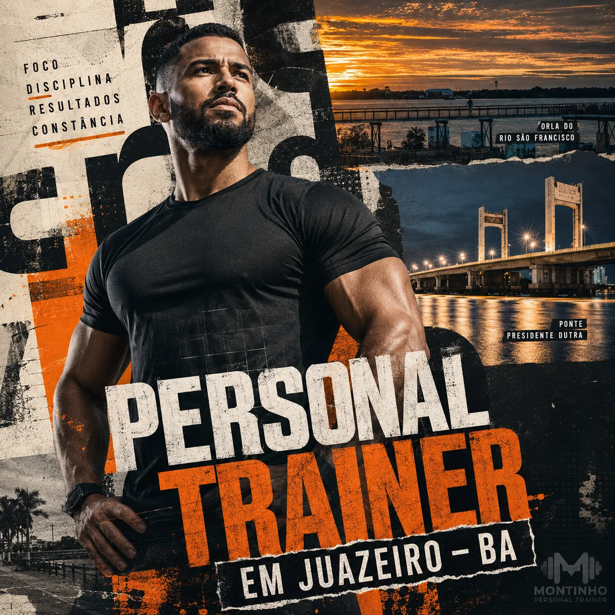 Personal trainer em Juazeiro (BA) em arte quadrada com a orla do rio São Francisco ao entardecer, a Ponte Presidente Dutra iluminada e o treino em primeiro plano — Personal por Perto