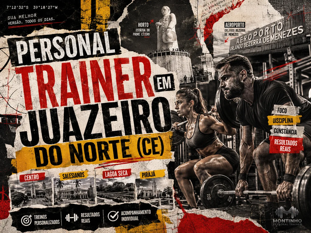 Personal trainer em Juazeiro do Norte (CE) em arte que reúne agachamento e levantamento terra, a estátua do Padre Cícero na Colina do Horto, o Aeroporto Orlando Bezerra de Menezes e os bairros Centro, Salesianos, Lagoa Seca e Pirajá — Personal por Perto