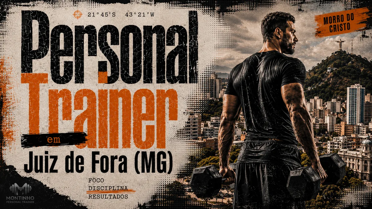 Personal trainer em Juiz de Fora (MG) em arte que une treino de força e o cartão-postal real da cidade — o Morro do Cristo com a estátua no topo e o casario e prédios do centro entre as montanhas da Zona da Mata — Personal por Perto